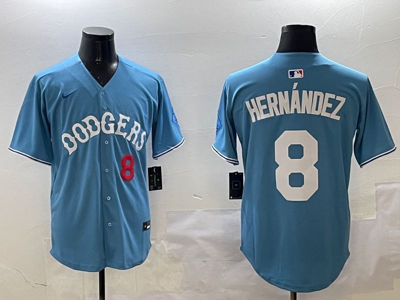 Men Los Angeles Dodgers #8 Hernandez Light Blue Throwback Game 2025 Nike MLB Jersey style 9->los angeles dodgers->MLB Jersey